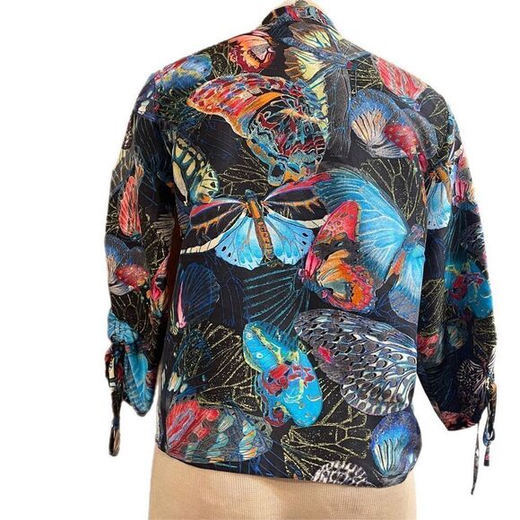 Chico's Bold Butterfly Print Open 3/4 Tie Sleeve 100% Silk Jacket Sz 0 US Small - Picture 4 of 13